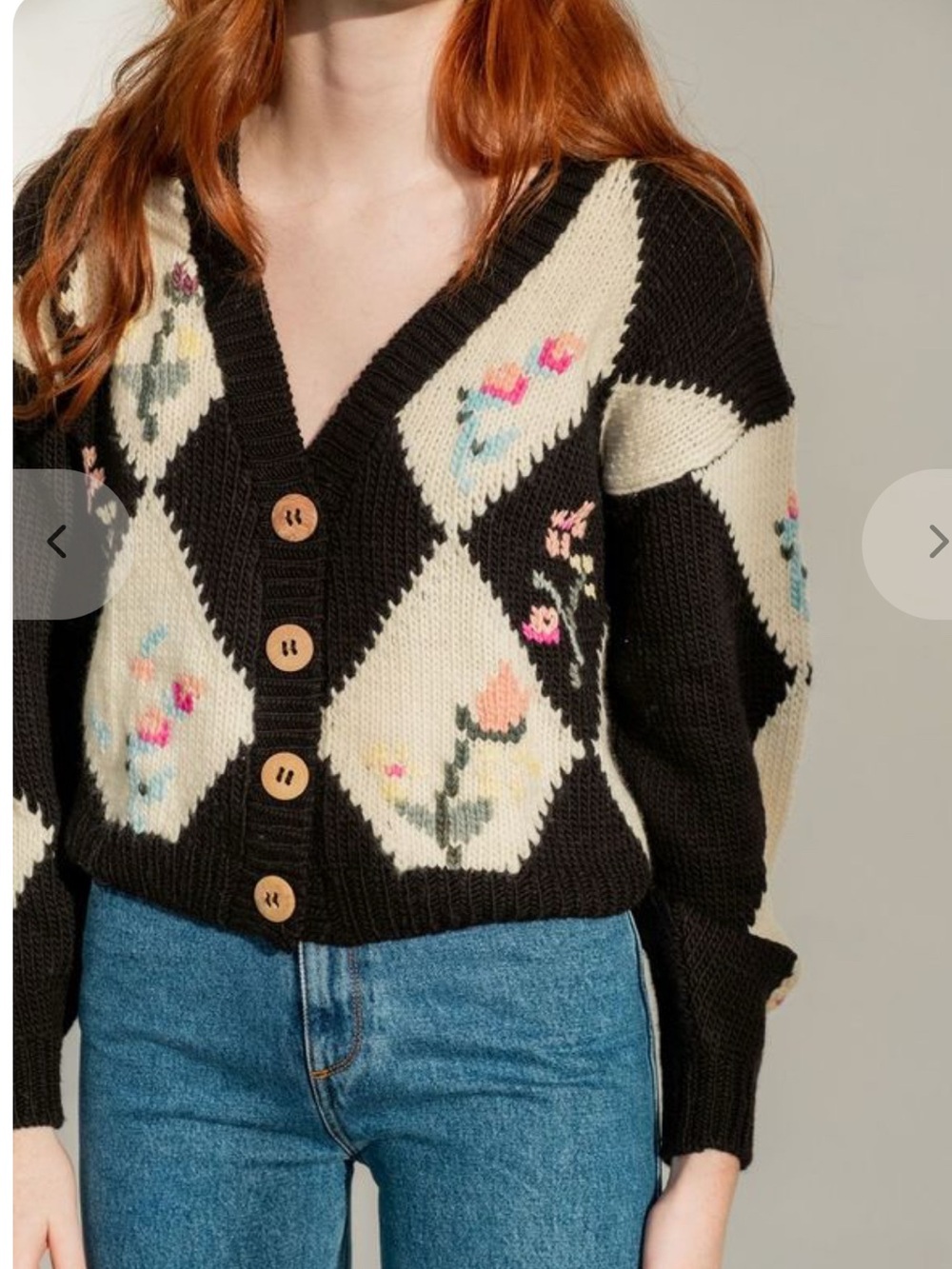 TACH Black and Cream Floral Diamond Knit Button Cardigan